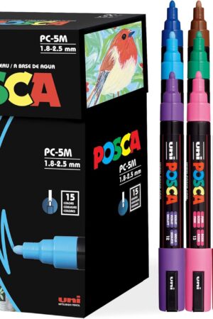 Posca Paint Art Markers, Set of 15 5M Medium Acrylic Markers with Reversible Tips, Artist Recommended Paint Pens for Gifts, Decorations, Fabric, Metal, Windows, Wood and Canvas