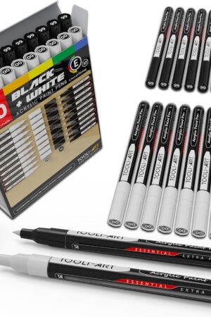 TOOLI-ART Black And White Acrylic Paint Markers Paint Pens Set For Rock Painting, Canvas, Mugs, Metal, Glass Paint, Fabric, Wood, DIY. Non Toxic, Quick Dry,Waterbas (EXTRA FINE)