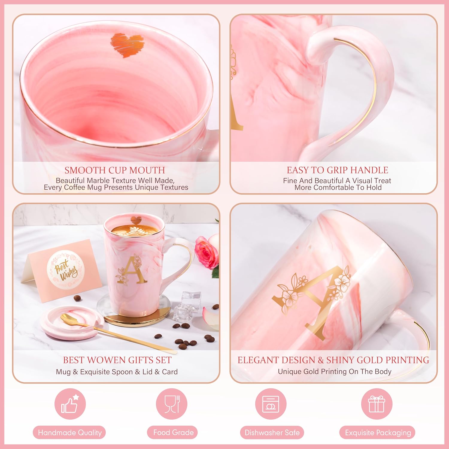 Personalized Marble Ceramic Mug Gifts for Women, 14 Oz Pink Initial Customized Gift Coffee Cup with Lid, Christmas Mother's Day Birthday Gifts for Wife Her Mom Grandma Friend Sister Unique,A - Image 4