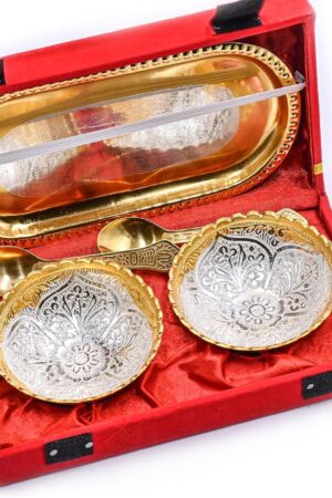 IGH Silver Plated Round Shaped Bowl Spoon & Try Set with Red Velvet Box for Dry Fruits, Christmas, Diwali Gift Items, Festival Gifts. (1)
