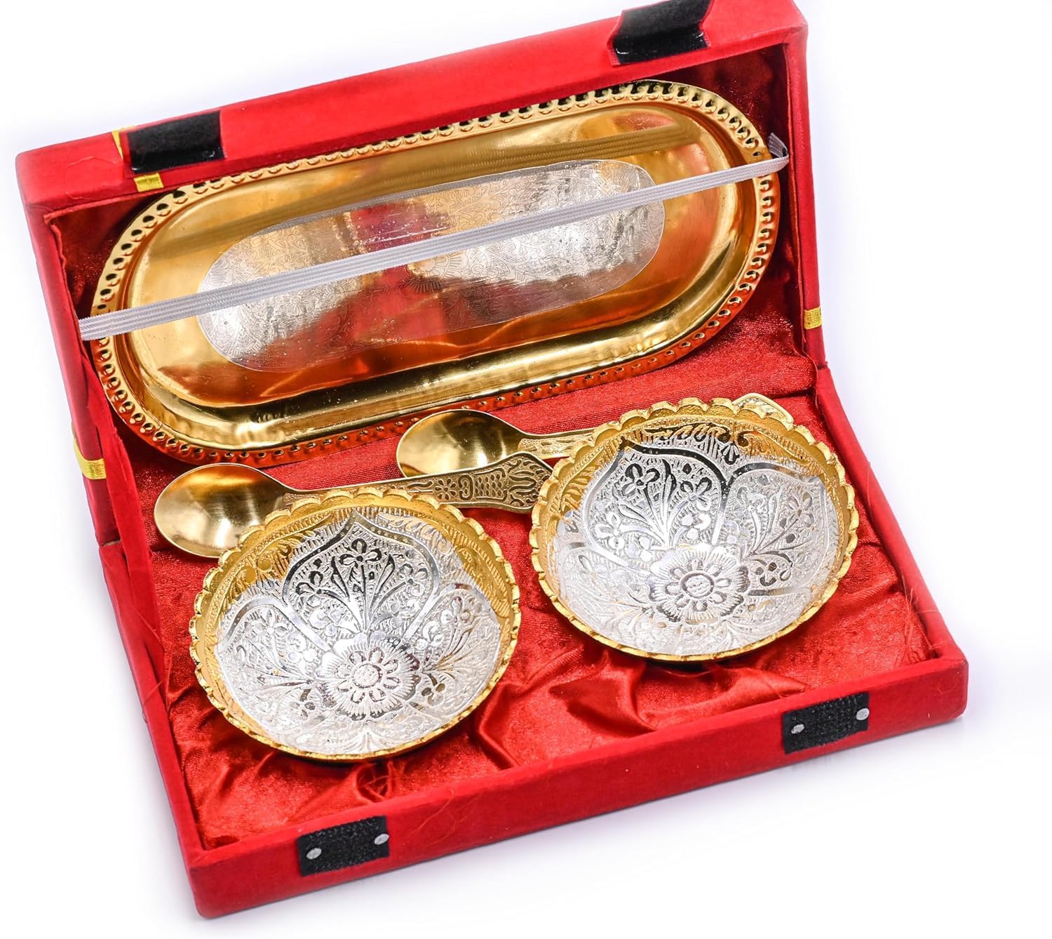 IGH Silver Plated Round Shaped Bowl Spoon & Try Set with Red Velvet Box for Dry Fruits, Christmas, Diwali Gift Items, Festival Gifts. (1)