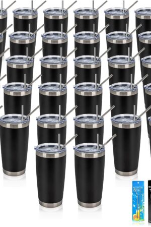 IEOVIEE 32 Pack, 20oz Stainless Steel Bulk Tumblers with Lids and Straws, Double Wall Insulated Travel Coffee Mug, Durable Powder Coated Tumbler Bulk Cup for Cold and Hot Drinks(Black)