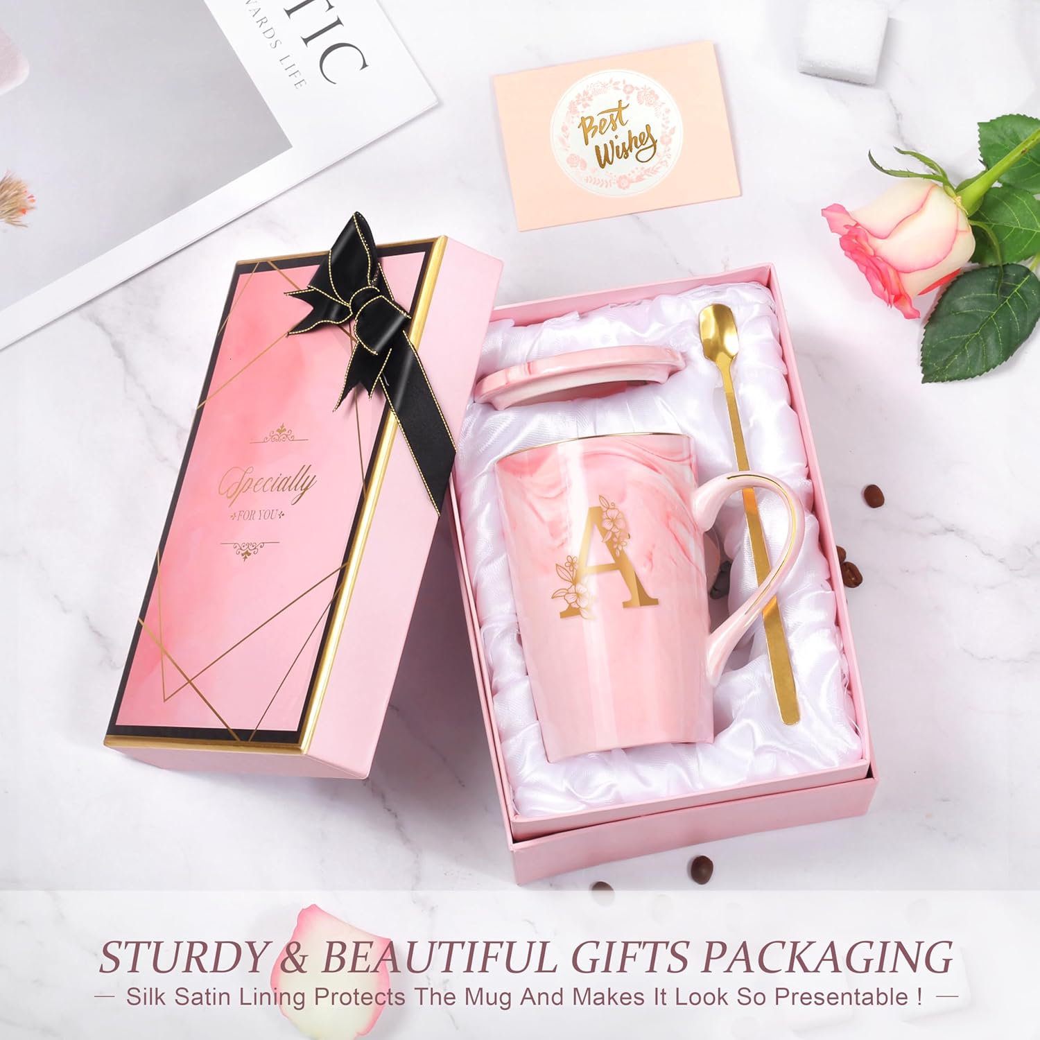 Personalized Marble Ceramic Mug Gifts for Women, 14 Oz Pink Initial Customized Gift Coffee Cup with Lid, Christmas Mother's Day Birthday Gifts for Wife Her Mom Grandma Friend Sister Unique,A - Image 2