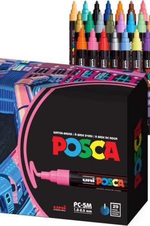 Uni Posca Paint Markers, 5M Medium Acrylic Markers with Reversible Tips, Artist Recommended For Gifts, Decorations, Fabric, Metal, Glass, Wood and Canvas, Assorted Colors, Set of 29