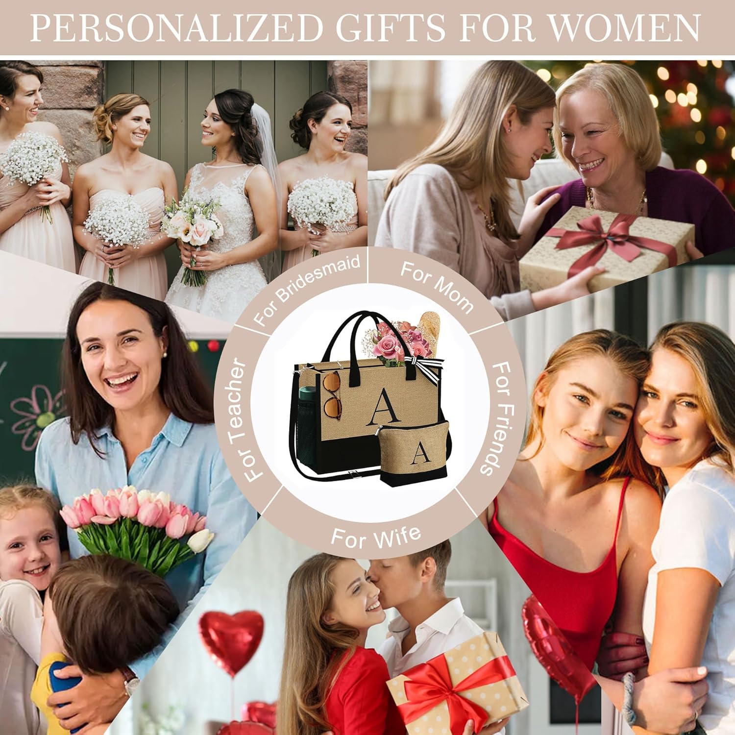 YOOLIFE Personalized Gifts for Women - Initial Jute Tote Bag & Makeup Bag, Birthday Gifts for Women Mom Wife Teacher Friend - Image 7