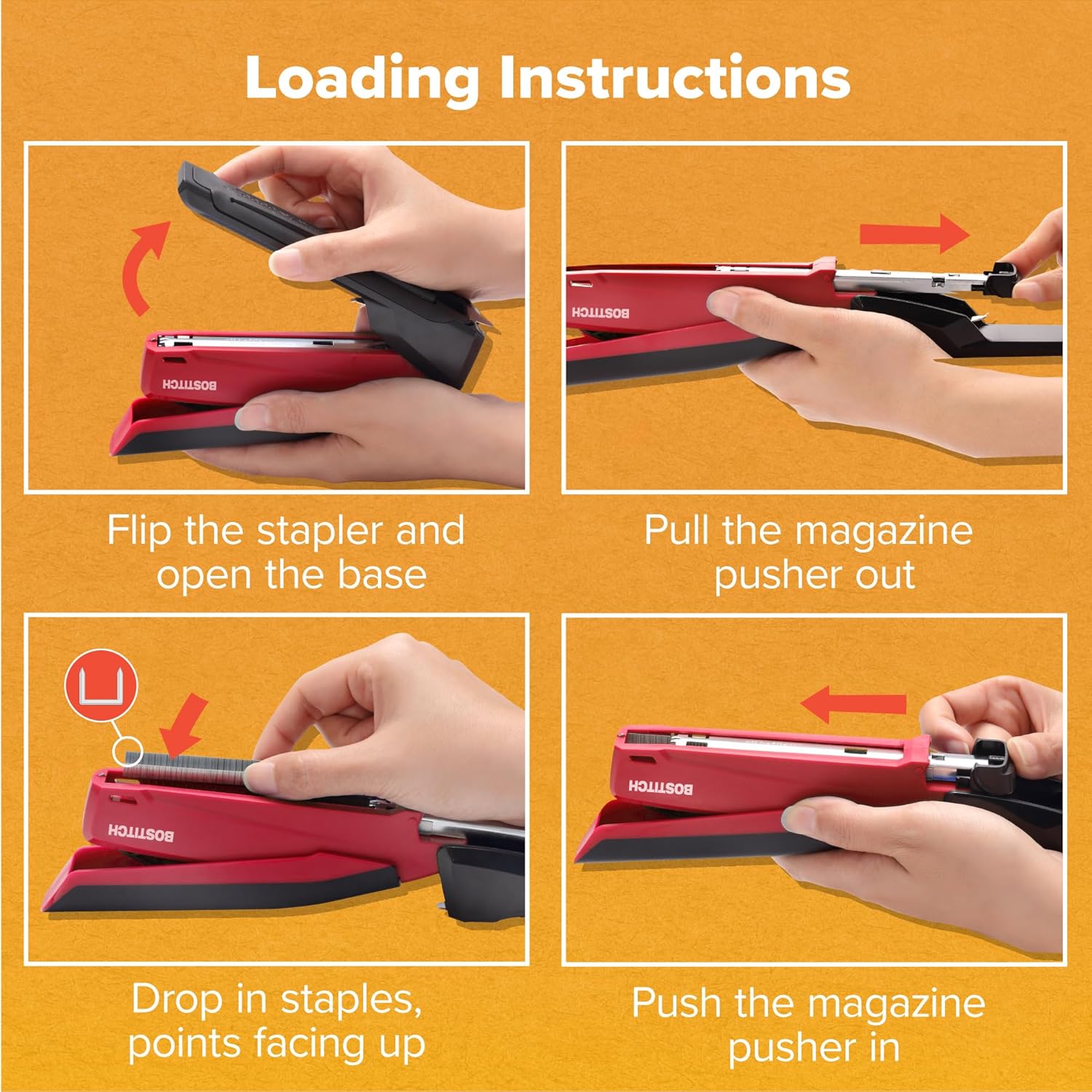 Bostitch Office Executive 3 in 1 Stapler, Includes 210 Staples and Integrated Staple Remover, One Finger Stapling, No Effort, 20 Sheet Capacity, Spring Powered Stapler, Red - Image 8