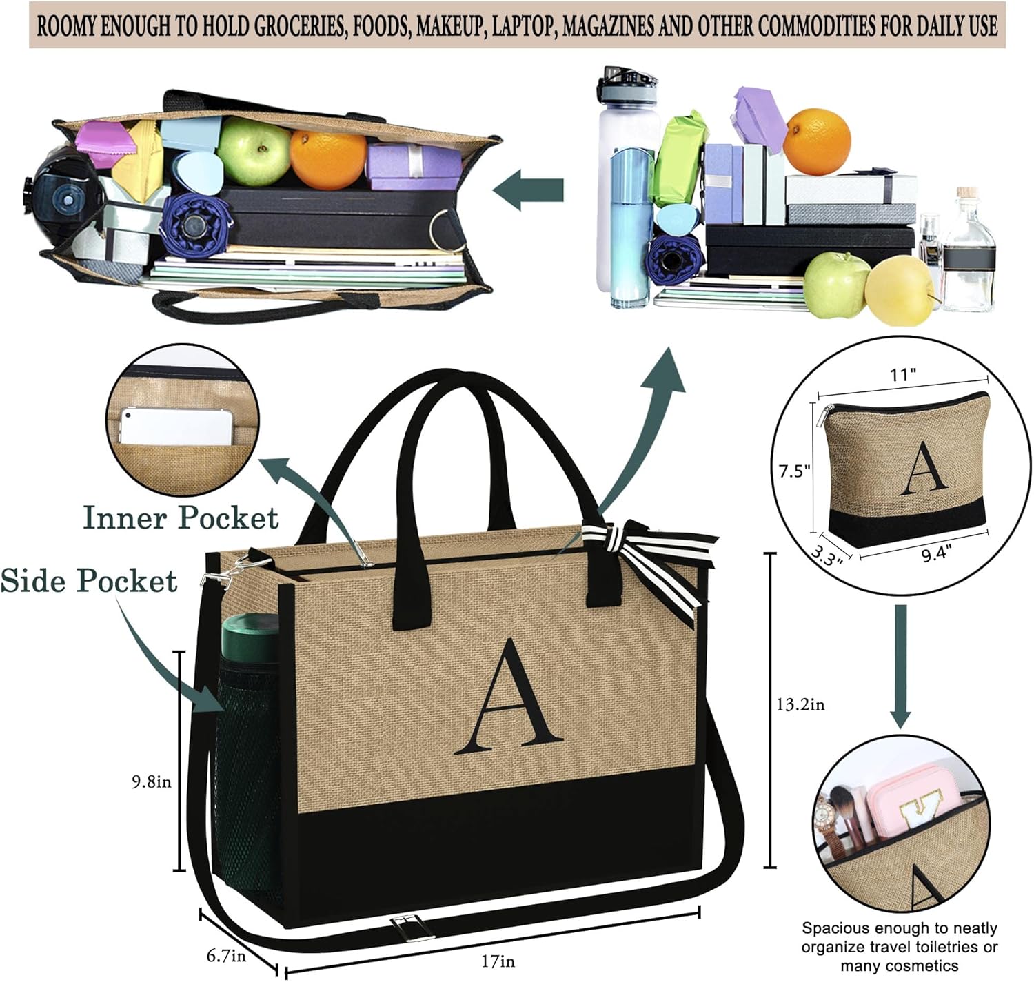 YOOLIFE Personalized Gifts for Women - Initial Jute Tote Bag & Makeup Bag, Birthday Gifts for Women Mom Wife Teacher Friend - Image 4