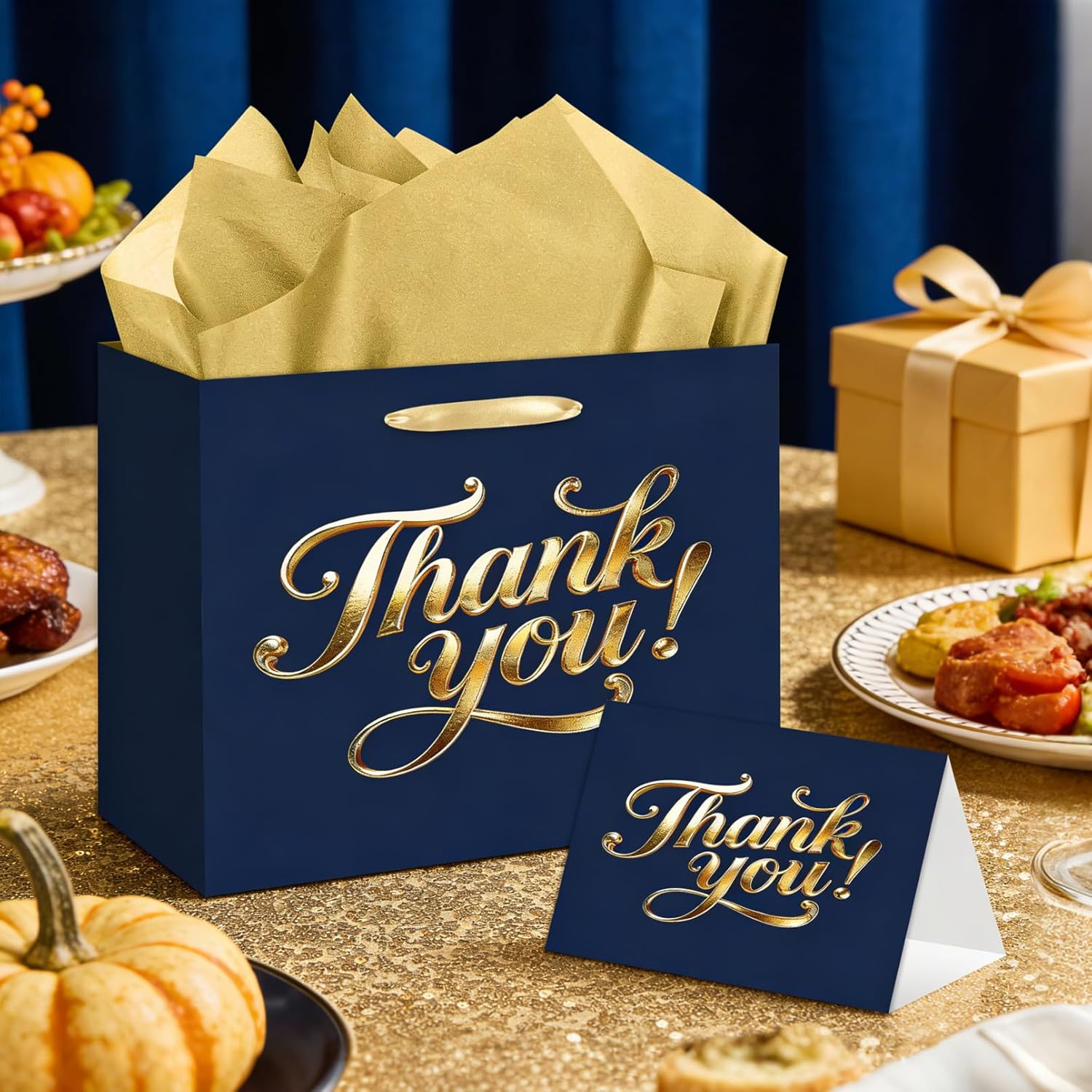 YXYASR Navy Blue and Gold Thank You Gift Bag - Large Gift Wrap Set with Handles - Includes 3 Sheets Gold Tissue Paper and Greeting Card - for Business, Weddings, and Client Appreciation - Image 6