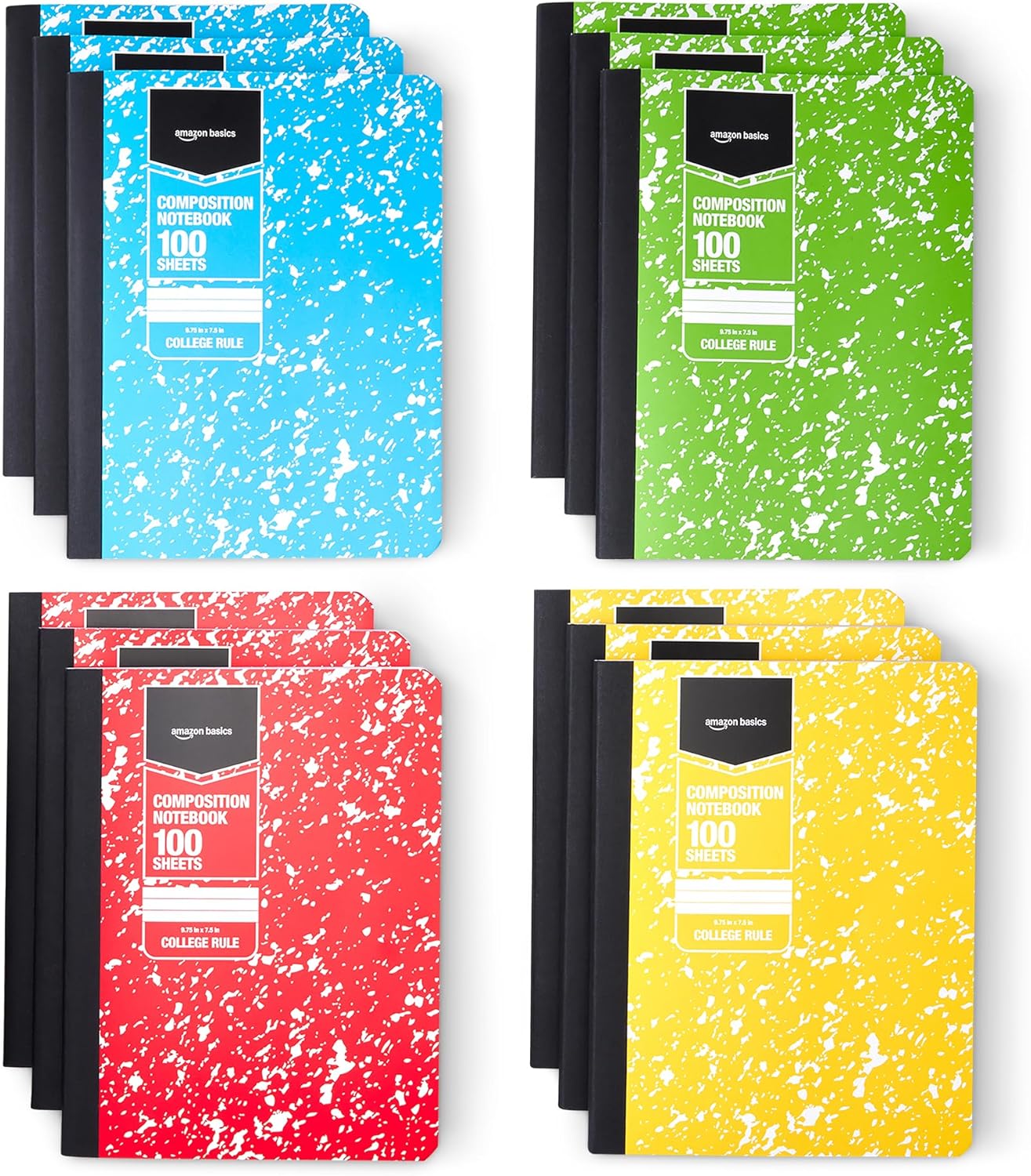 Amazon Basics Composition Notebook, College Ruled, 100 Sheets, 9.75" x 7.5", Assorted Marble Colors, 12-Pack