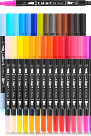 Caliart 34 Double Tip Brush Pens Art Markers, Artist Fine & Brush Markers for Adult Coloring Books Journaling Calligraphy Lettering Planners Cards Drawing Craft Kit Teacher Office Supplies