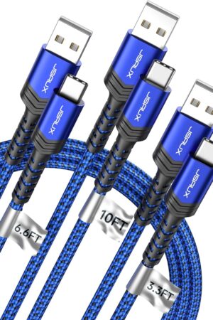 JSAUX USB C Cable Fast Charging 3-Pack(10ft+6.6ft+3.3ft), USB A to Type C Charger Cord for iPhone 17/17e/17 Pro/17 Pro Max, iPhone 16/16 Pro/16 Pro Max, Samsung Galaxy S23 S22 S20, USB C Charger(Blue)
