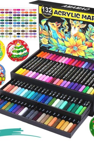 Amamao 132 Colors Acrylic Paint Markers Pens Set,66 Pack Brush Acrylic Paint Markers for Rock Painting Fabric Plastic Wood Canvas Stone Glass Paper Craft Supplies