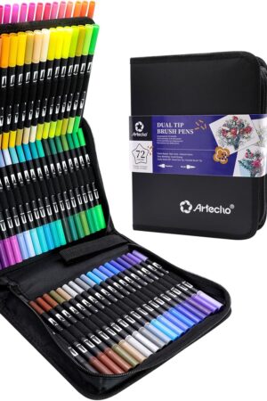 Artecho 72 Colors Markers for Adult Coloring Books, Dual Tip Markers for School, Fine and Brush Tip for Adults Coloring Books, Calligraphy, Drawing, Sketching