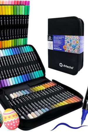 Artecho Acrylic Paint Markers 72 Colors with Bag, Acrylic Paint Pens with Brush Tip and Fine Tip for Stone, Rock Painting, Paper, Pumpkin, Wood, Egg, Canvas, Ceramic, Fabric, leather, Glass