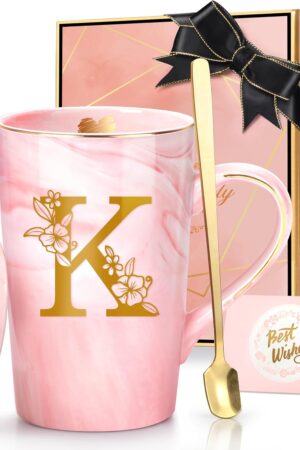 Coffee Mugs - Personalized Gifts for Women, Initial Customized Ceramic Marble Cups 14 Oz Pink, Luxury Birthday Christmas Mother's Day Gift for Her Mom Grandma Girlfriend Friend Unique,K