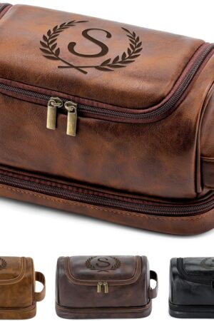 Engraved Initial Mens Toiletry Travel Bag, Unique Corporate Gifts for Clients Boss Colleague Employee Appreciation Gifts Birthday Party Favor Waterproof Shaving Bag for Men, Reddish Brown S