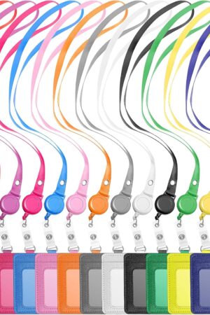 12 Sets PU Leather ID Badge Holder Retractable Name Badge Reel with Lanyards Waterproof Clear Card Holder with 1 Transparent ID Window 1 Credit Card Slot for Women Men Nurse School Office (Horizontal)