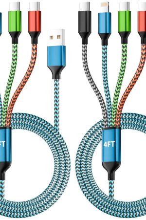 Travel Essentials, Dual Type-C 4 in 1 Multi Charging Cable 2 Pack 5FT Multi Charging Cables for All Devices,Charger Cord Adapter 2USB-C/IP Port for Cell Phones ( Blue&Black,USB A to 3 Type C+1IP )