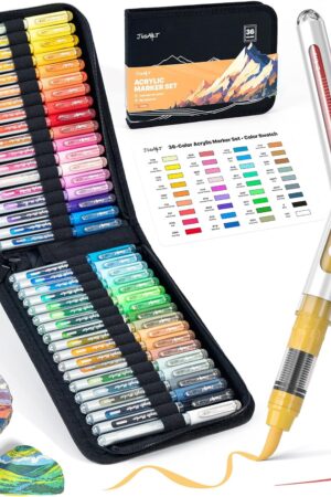 JusArt 36 Colors Acrylic Paint Markers with Canvas Bag, Water-Based No-Bleed Paint Pens with Automatic Ink Control, Waterproof Brush Tip Markers for DIY Art & Crafts -Fabric, Rock, Wood, Glass, Metal