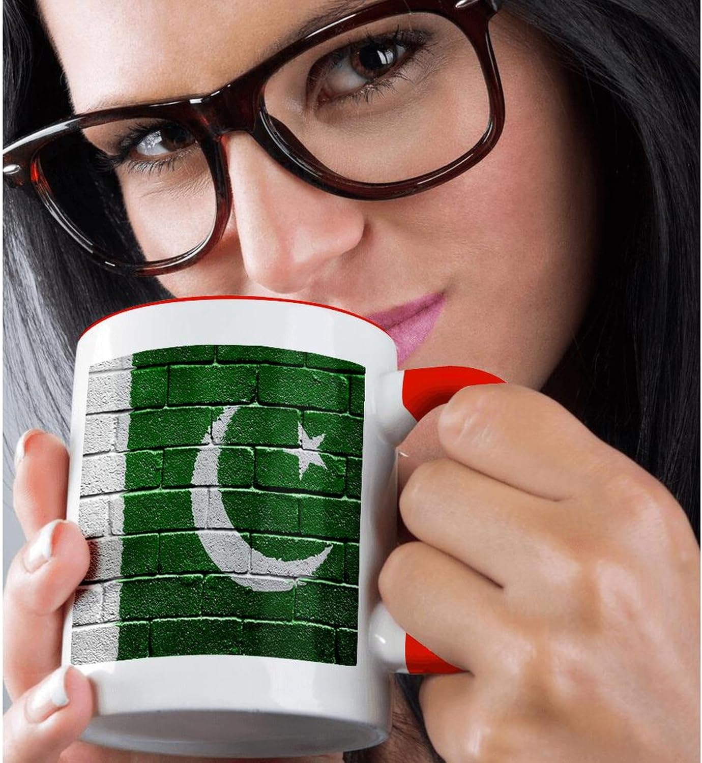 3dRose National flag of Pakistan painted onto a brick wall Pakistani 11oz Two-Tone Red Mug - Image 2