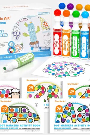 Shuttle Art Dot Markers, 14 Colors Bingo Daubers with 135 Patterns, 5 Activity Books, Educational Set With Art Activities,Non-Toxic Washable Coloring Markers