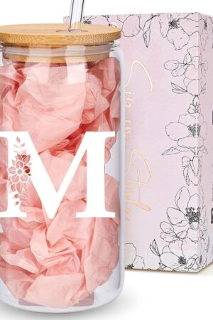 Personalized Gifts for Women, Monogrammed Glass Cups with Lids and Straws, Custom Tumbler, Cute Customized Mug, Aesthetic Stuff, Initial Iced Coffee Cup, Drinking Glasses, Birthday Teacher Gifts, M
