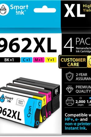 Smart Ink Remanufactured Ink Cartridges Replacement for HP 962XL 962 XL Combo Pack (962XL Black, Cyan, Magenta, Yellow) to use with OfficeJet Pro 9015e 9018e 9025e 9012e 9015 9010 9012 9018 9020 9025