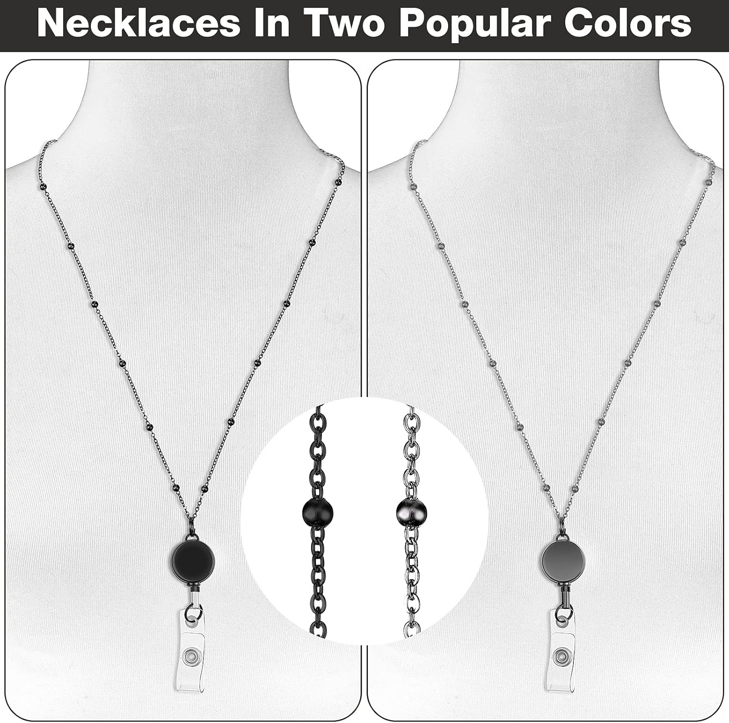 Outus 2 Pack Retractable Badge Lanyard with ID Holders Stainless Steel Badge Name Tag Holders Necklace Retractable Reel Clip Chain Water Resistant for School Office(Black, Gray) - Image 4