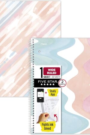Five Star Spiral Notebook + Study App, 2 Pack, 1 Subject, Wide Ruled, 8" x 10-1/2", 80 Sheets, Fights Ink Bleed, Water Resistant Cover, Pastel Waves and Brush Strokes (930210F-ECM)