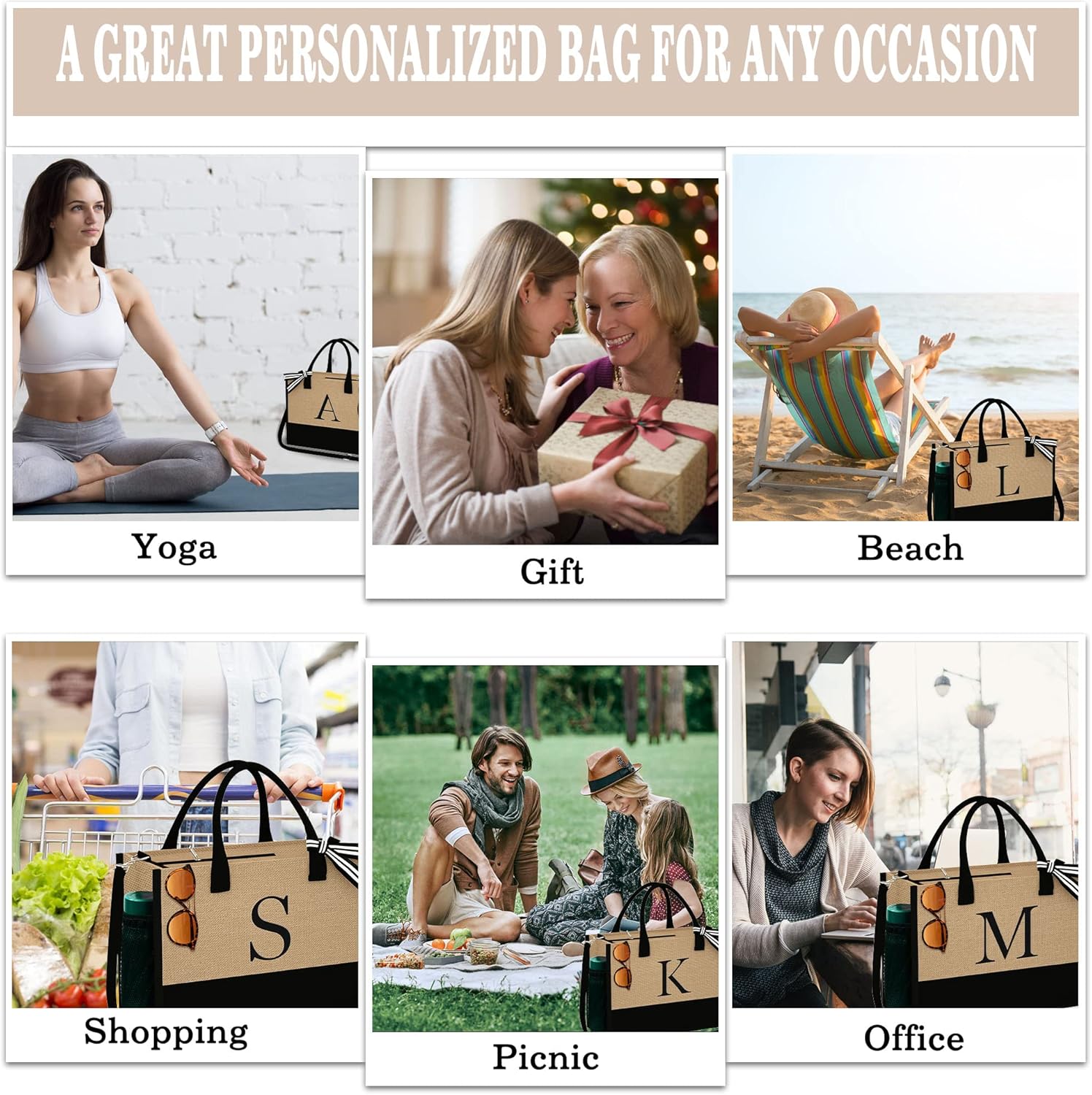 YOOLIFE Personalized Gifts for Women - Initial Jute Tote Bag & Makeup Bag, Birthday Gifts for Women Mom Wife Teacher Friend - Image 6