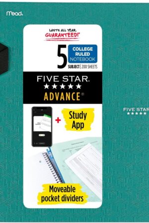 Five Star Advance Spiral Notebook + Study App, 5 Subject, College Ruled Paper, 8-1/2" x 11", 200 Sheets, Spiral Guard, Movable Tabbed Dividers, Seaglass Green (73148)
