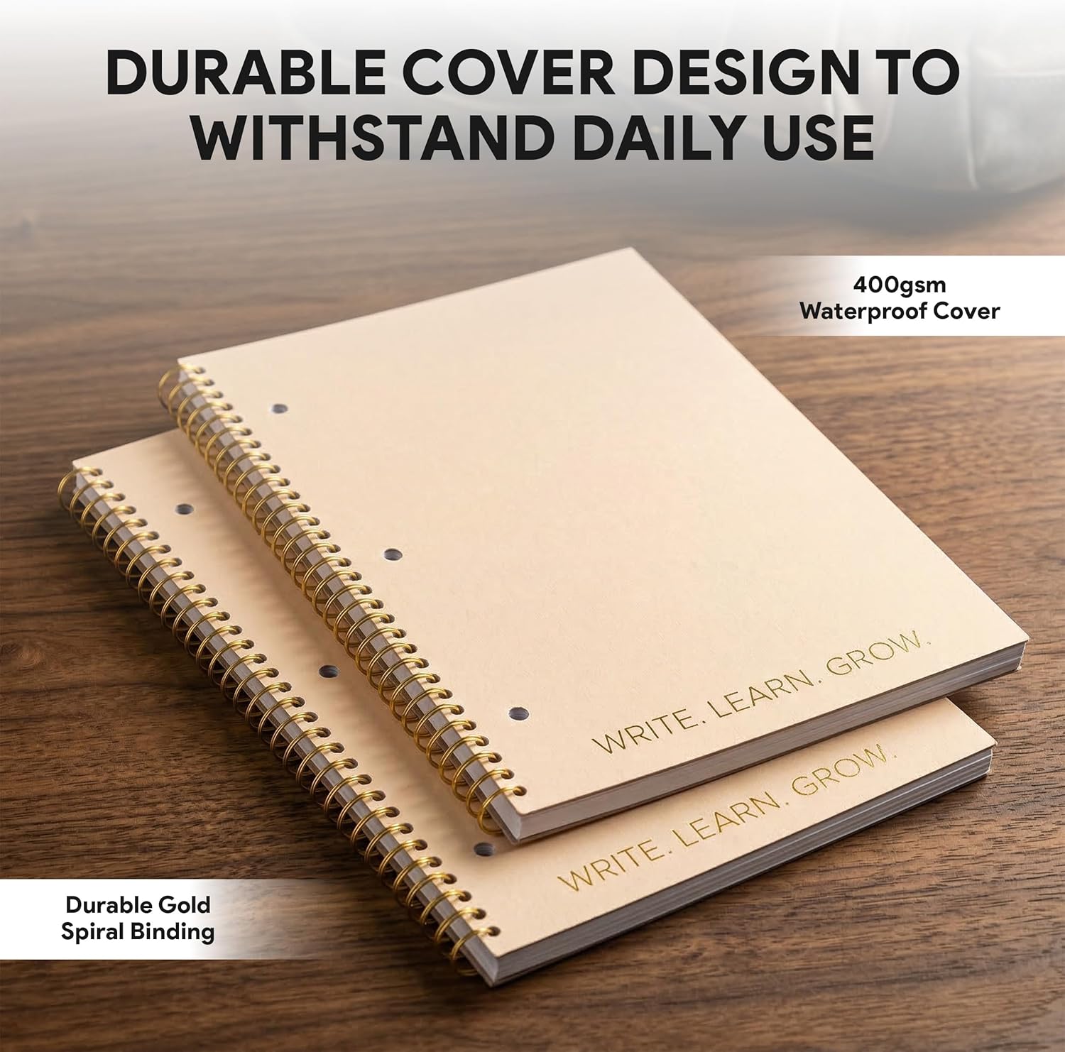 Decorably 5-Pack 140 Pages Gold Foiled Spiral Note Books College Ruled, 8x10.5in Spring Bound, 3-Hole Punched and Easy Tear-Off Perforated Design, Lined Pages - Work, School, Office - Image 6