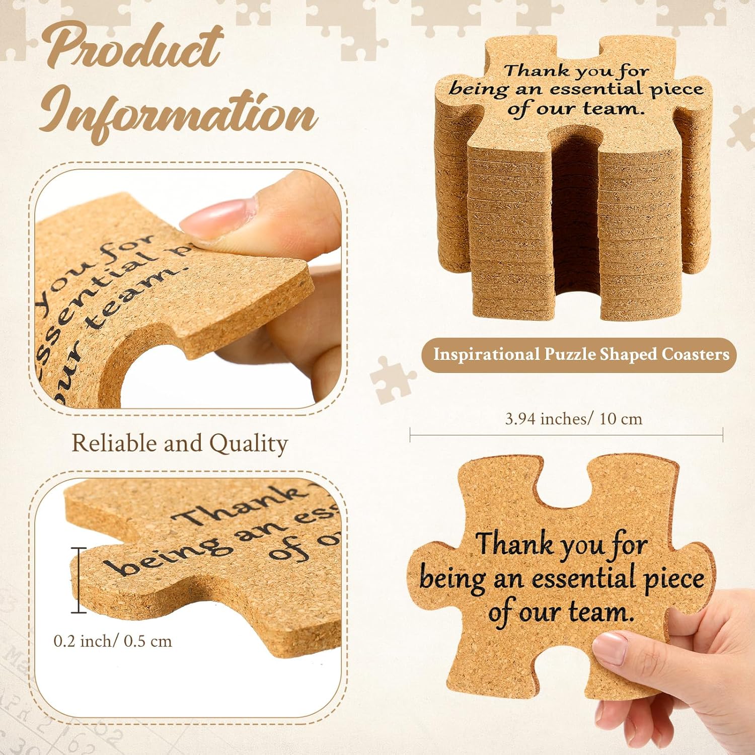 Hushee Inspirational Gift for Coworker Motivational Puzzle Piece Coasters Employee Appreciation Gifts with Cards Bags for Social Worker Staff Office(40 Pcs,Thank You) - Image 2