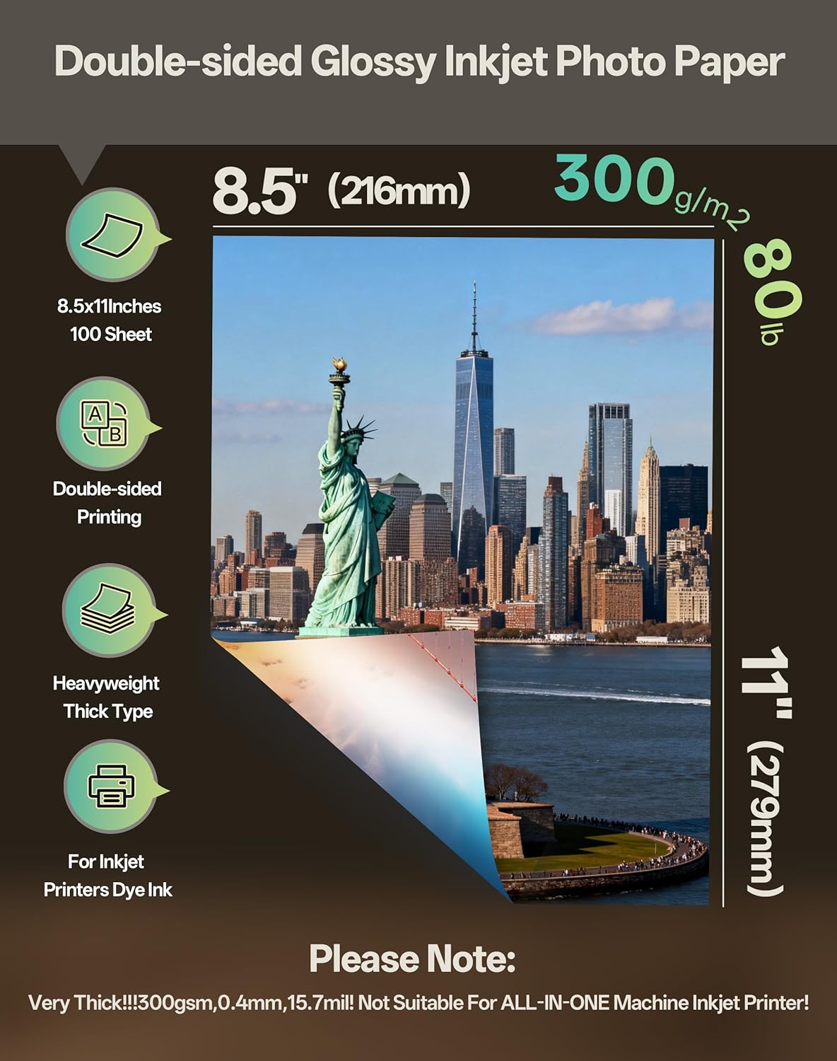 Uinkit 100 Sheets 8.5x11 Letter Size Thick Heavyweight Photo Paper Double Sided Glossy Cardstock 80LB 300Gsm 15.7Mil Brochure, Only for professional Inkjet Printer and Dye Ink (100) - Image 2