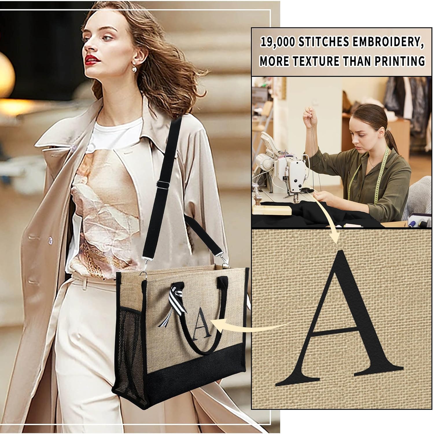 YOOLIFE Personalized Gifts for Women - Initial Jute Tote Bag & Makeup Bag, Birthday Gifts for Women Mom Wife Teacher Friend - Image 3