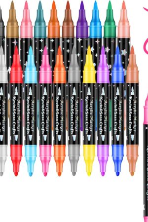 24 Colors Dual Tip Acrylic Paint Marker Pens Set, Multifunctional Acrylic Tips with Laser Pen Body, Professional Acrylic Paint Pens for Wood, Canvas, Rock Painting, Glass, DIY Crafts Art Supplies
