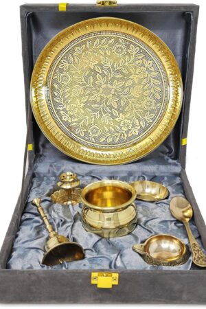 Brass Pooja Thali Set with Grey Gift Box 6 Inch Pital Plate Kalash Spoon Chandan Wati Dhup Dan Kuber Diya Ghanti Puja Arti Thali for Diwali Home Office Mandir Wedding Return Gifts