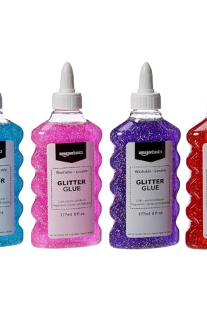 Amazon Basics Liquid Washable Glitter Glue for Making Slime, Art Crafts and School, Assorted Colors (Purple, Pink, Red, Blue), 6 oz Each, 4-Count