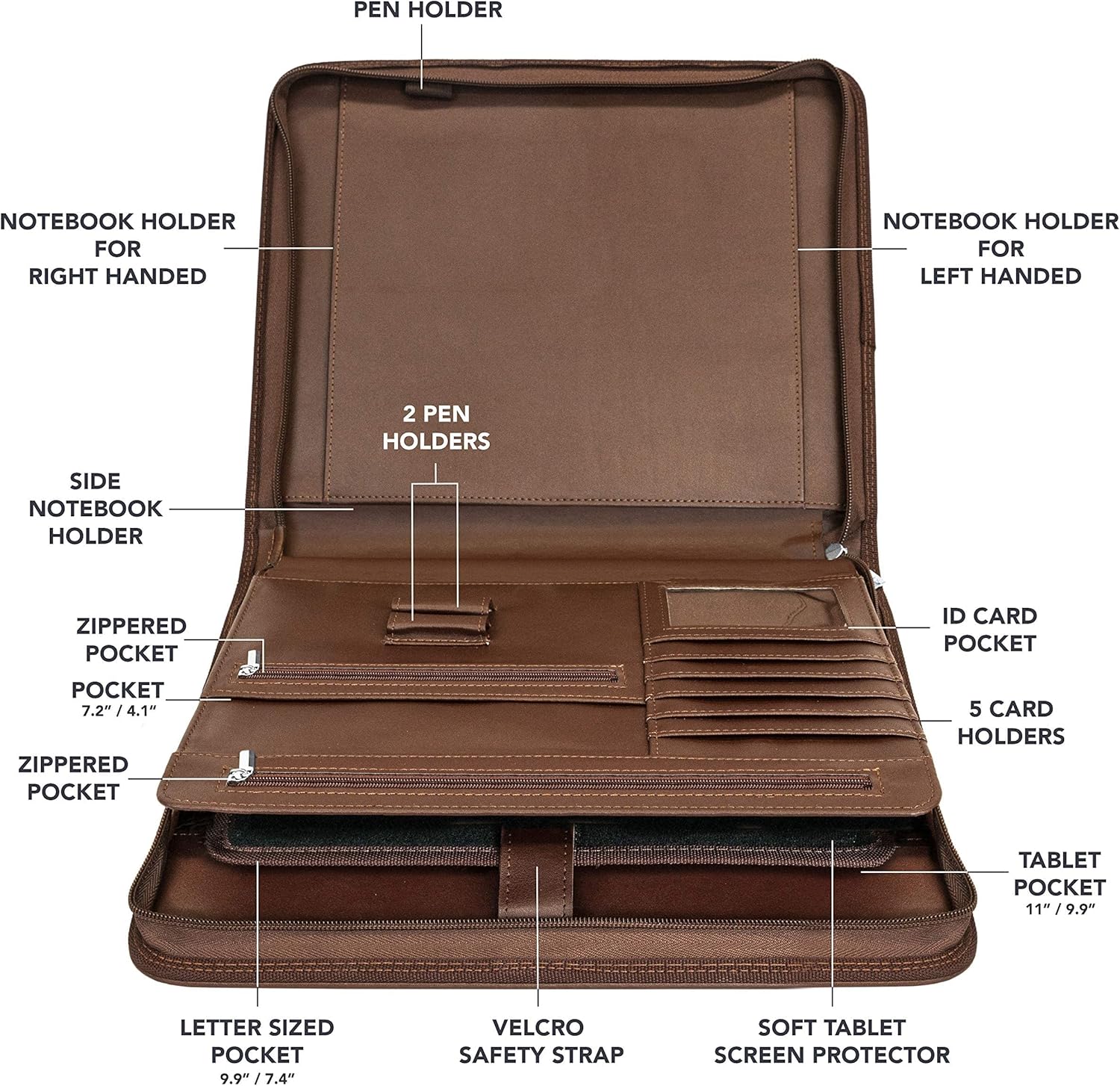 Wundermax Vegan PU Leather Portfolio with Zipper - Business Notebook Organizer for Resume - Padfolio for Men & Women w/Notepad Compatible with 10" iPad/Tablet Pocket Aesthetic School Suppliers, Brown - Image 4