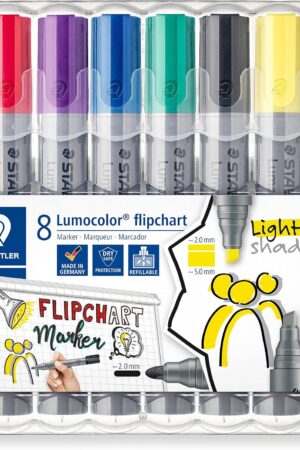 STAEDTLER Lumocolor Flipchart Marker: Set of 8, Assorted Colors, Bullet Tip 2.0mm & Chisel Tip 5.0mm - Ideal for Paper, Non-Bleed, Quick Dry & Low-Odor - For Home, School & Office