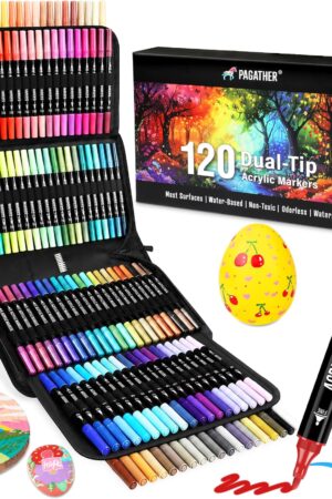 120 Colors Acrylic Paint Markers, Dual Tip Fine and Brush Tips Pens Contain 24 Metallic Color for Stone, Wood, Calligraphy, Canvas, Ceramic, Metal, Glass, Rock Painting, DIY Crafts Art Supplies Kit