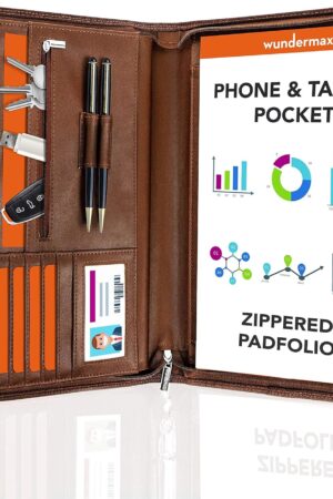 Wundermax Vegan PU Leather Portfolio with Zipper - Business Notebook Organizer for Resume - Padfolio for Men & Women w/Notepad Compatible with 10" iPad/Tablet Pocket Aesthetic School Suppliers, Brown