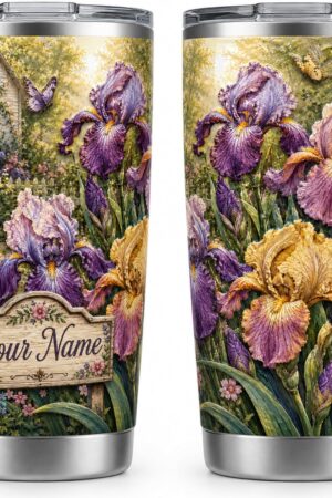 ThangPham Shop Personalized Iris Floral Tumbler 20oz - Cottage Garden Floral Travel Mug, Vintage Botanical Iris Drinkware