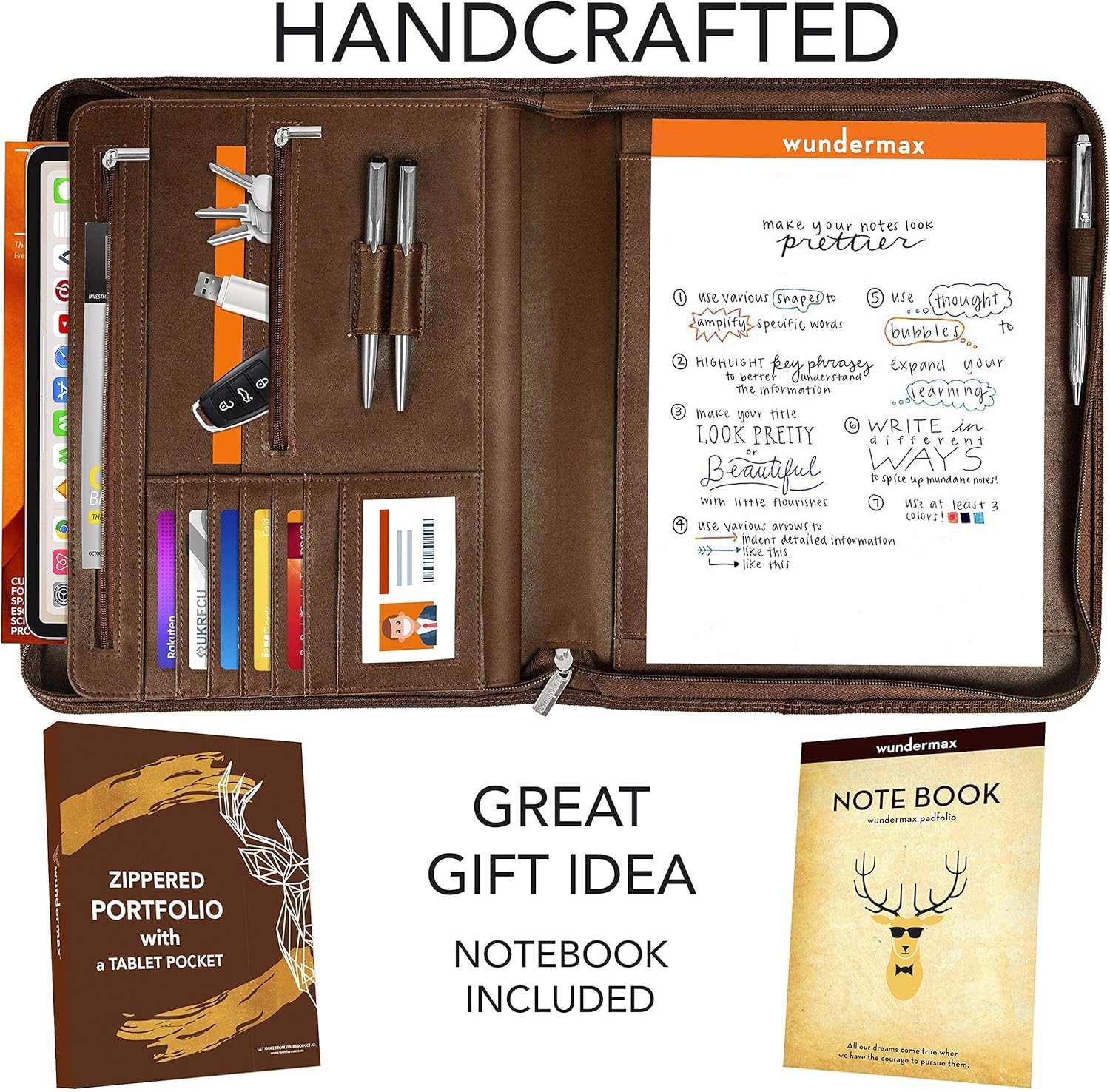 Wundermax Vegan PU Leather Portfolio with Zipper - Business Notebook Organizer for Resume - Padfolio for Men & Women w/Notepad Compatible with 10" iPad/Tablet Pocket Aesthetic School Suppliers, Brown - Image 2