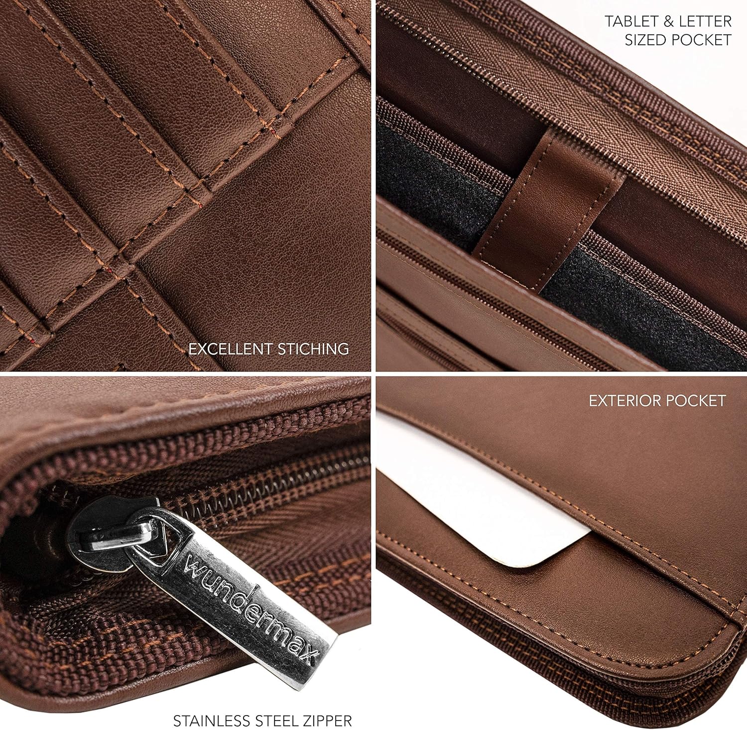 Wundermax Vegan PU Leather Portfolio with Zipper - Business Notebook Organizer for Resume - Padfolio for Men & Women w/Notepad Compatible with 10" iPad/Tablet Pocket Aesthetic School Suppliers, Brown - Image 5